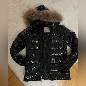 Moncler Shiny Black Jacket with Fur Detail